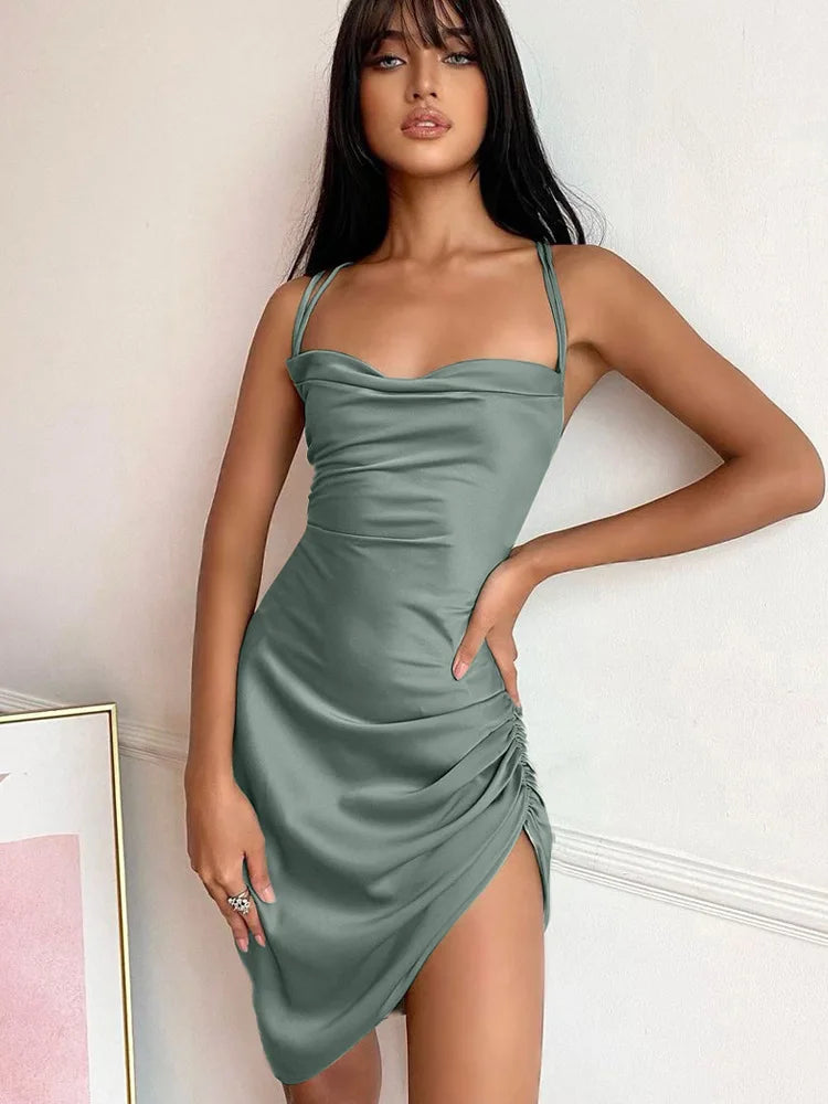 Satin Women Strap Mini Dress Ruched Lace Up Cross Bandage Backless Bodycon Sexy Party Elegant-Dollar Bargains Online Shopping Australia