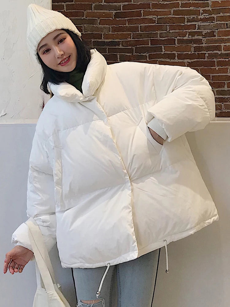 Winter Jacket Parkas Women Stand Collar Solid Black White Female Coat Loose Oversized Womens Short Parka