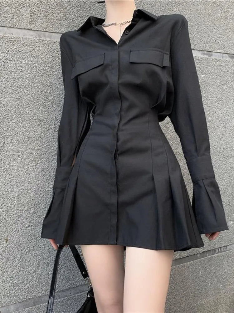 Black Shirt Dress Women Elegant Vintage Long Sleeve Dresses Sexy Gothic Pleated Streetwear Turn-down Collar Casual Robe-Dollar Bargains Online Shopping Australia