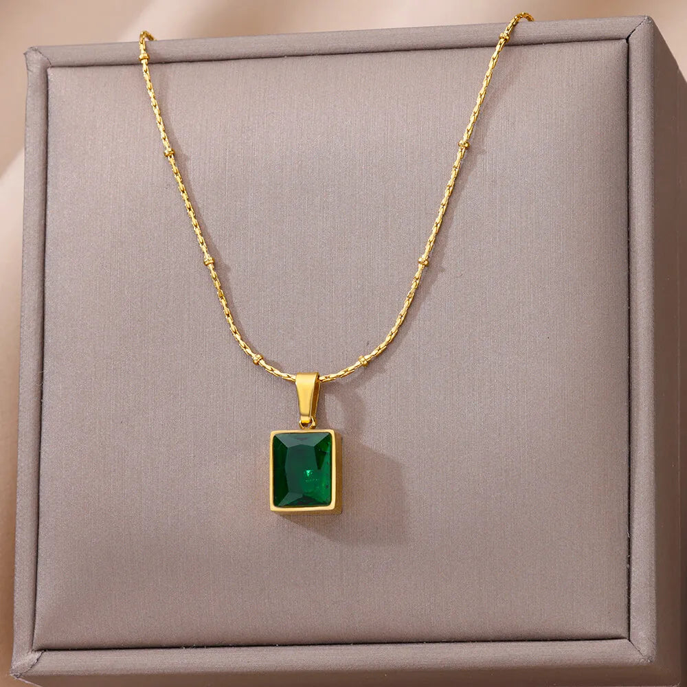 Green Square Zircon Necklace For Women Gold Color Stainless Steel Necklaces Wedding Fashion Jewelry Gift-Dollar Bargains Online Shopping Australia