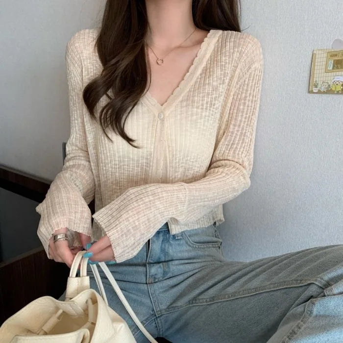 Sexy Women V Neck Button Long Sleeve Cropped Knitted Loose Sweater Tops-Dollar Bargains Online Shopping Australia