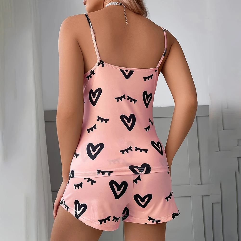 Sexy Summer Love Print Lingerie 2 Pieces Pajama Sets Slip Camisole +shorts Glossy Sleepwear Pyjamas Clothing Set For Women