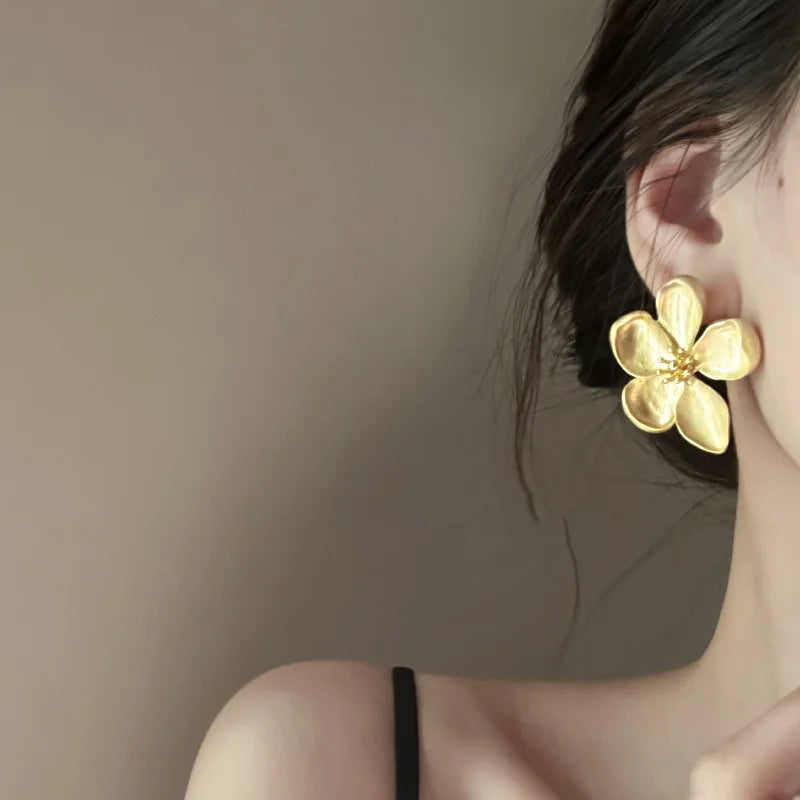 Gold Color Matte Texture Metal Flower Retro Earrings for Women Girls Fashion Party Jewelry-Dollar Bargains Online Shopping Australia