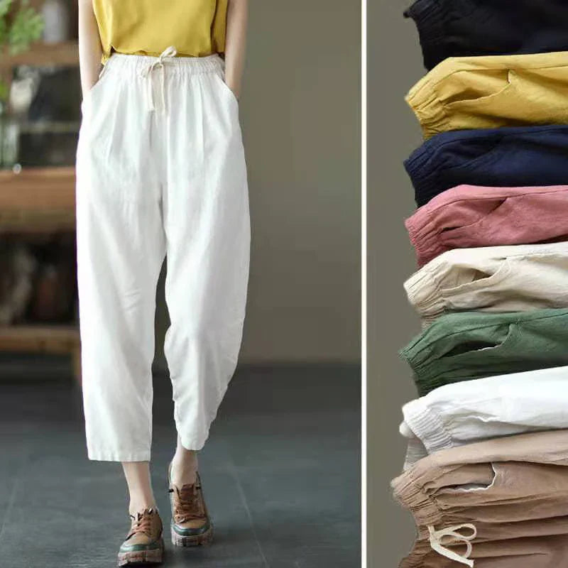 Solid Color Cotton and Linen Pants for Woman Vintage Loose Streetwear Harem Trousers Female Casual High Waist Drawstring Pants-Dollar Bargains Online Shopping Australia