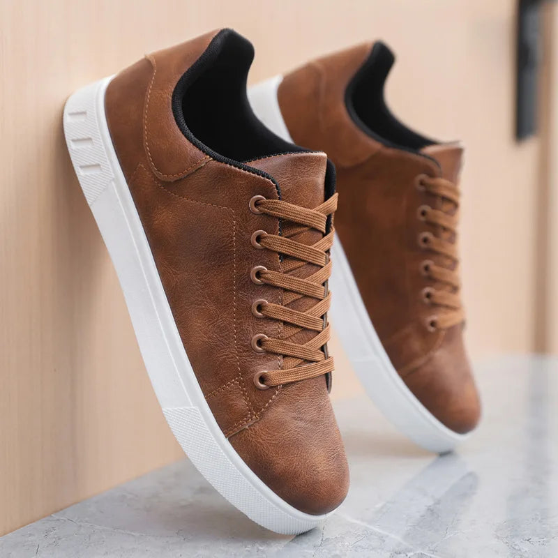 Classic Men Leather Shoes Thick-soled Casual Sneakers Trendy Lace-up Walking Shoes Spring Anti-slip Comfortable Vulcanized Shoes-Dollar Bargains Online Shopping Australia