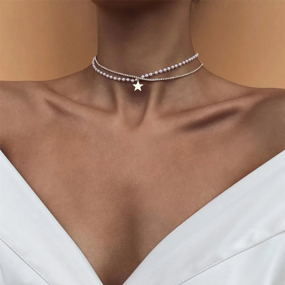 Vintage Silver-plate Geometric Exaggerated Artificial Pearl Chain Necklace For Women Female Fashion Boho Y2K Girl Jewelry Gift-Dollar Bargains Online Shopping Australia