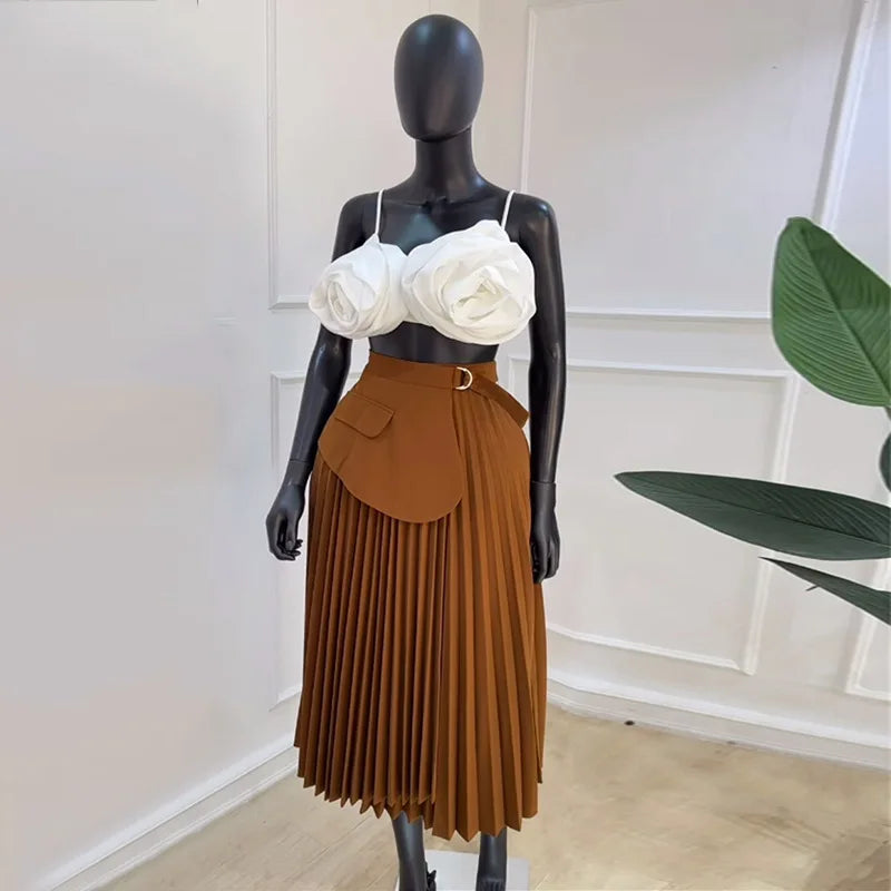 summer new high-waist irregular lace-up pleated skirt mid-length A-line skirt-Dollar Bargains Online Shopping Australia