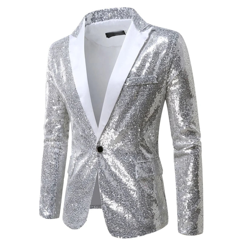 Shiny White Sequin Glitter Blazer for Men One Button Peak Collar Tuxedo Jacket Mens Wedding Groom Party Prom Stage-Dollar Bargains Online Shopping Australia