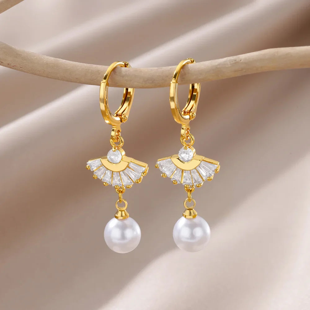 Fashion Circle Imitation Pearl Drop Earrings for Women Gold Color Stainless Steel Round Geometric Hoop Earring Wedding Jewelry-Dollar Bargains Online Shopping Australia