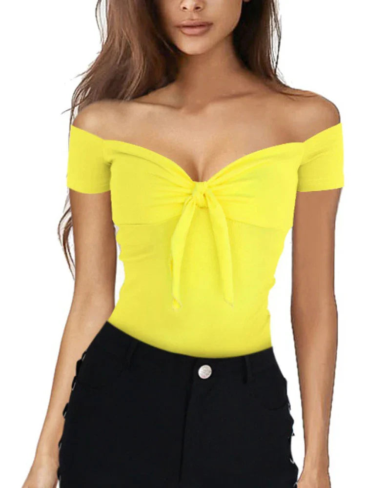 Summer Solid Color Basic Casual Short Sleeve V-neck Off Shoulder Top Sexy Beach Party Slim Fit T-shirt Sweet Style Women's Wear-Dollar Bargains Online Shopping Australia