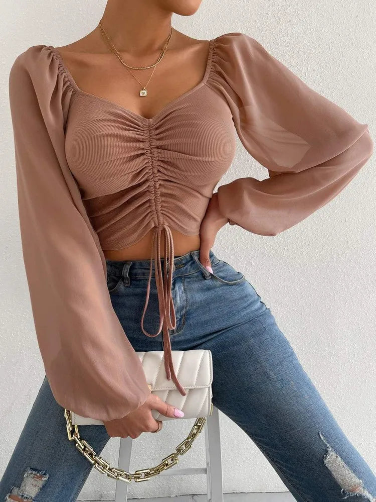 Mesh Lantern Sleeves Drawstring Wrap Chest Bare Midriff T Shirt Women Long Sleeves Bottoming-Dollar Bargains Online Shopping Australia