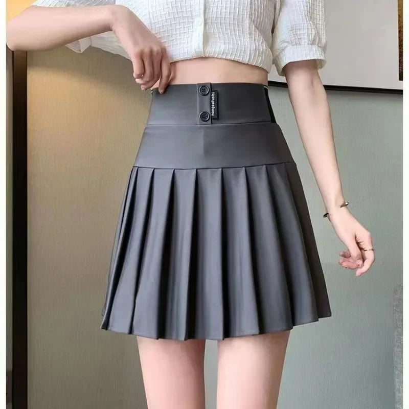 High Waist Women New Pleated Skirt Summer Solid Button Elastic A-line Wearing Safety Pants Fashion All-match Short Skirt-Dollar Bargains Online Shopping Australia