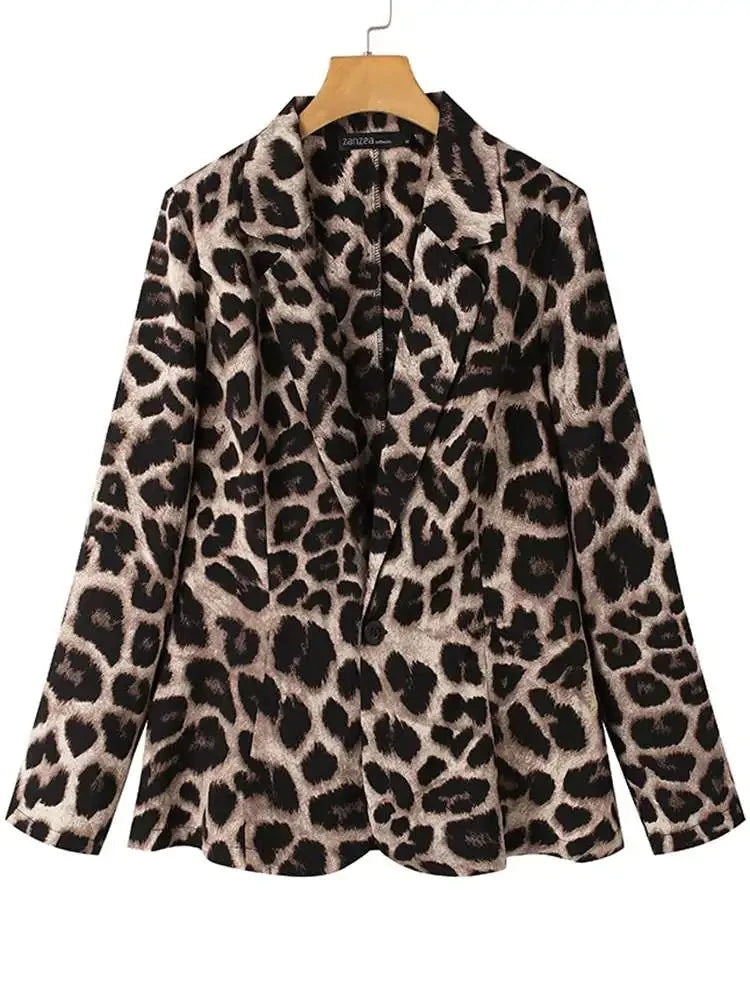 Oversized Button Up Outwears Women OL Blazer Fashion Ladies Office Suits Leopard Lapel Coats