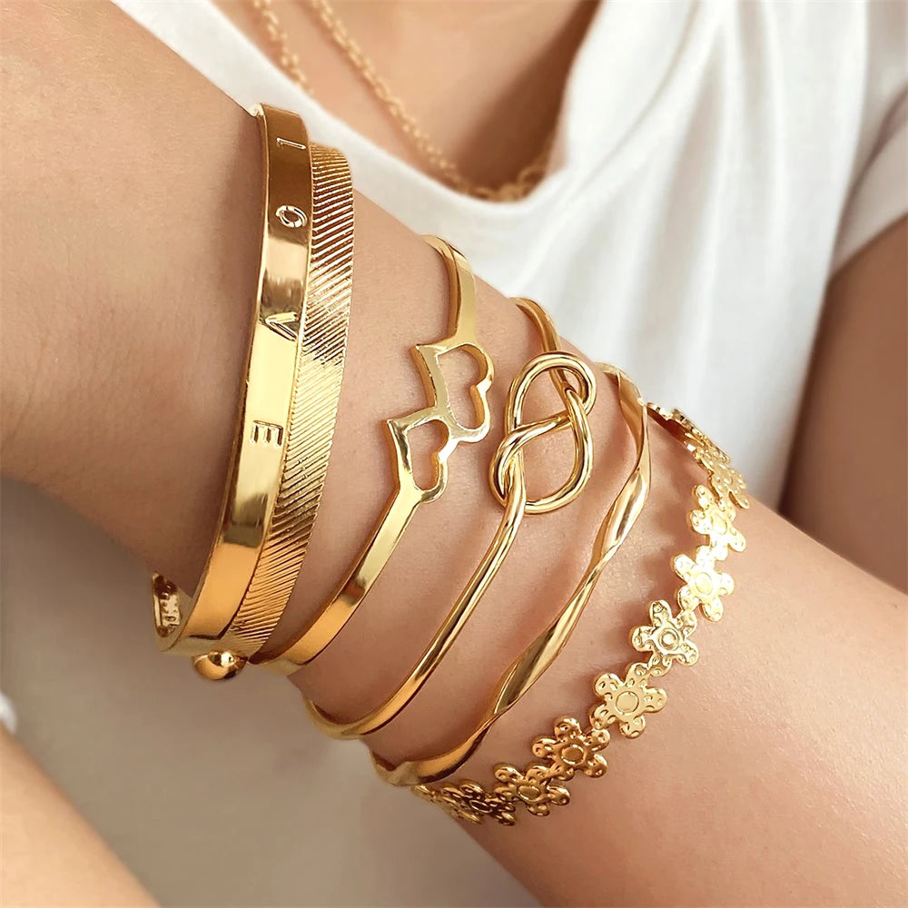 Geometric Engraved Flower Leaf Star Bracelet For Women Girl Fashion Metal Gold Color LOVE Letter Open Bracelet Bangle Gift