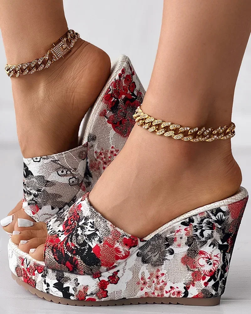 Women Shoes Fashion Shoes Casual Flip Flops Summer Vintage Floral Print Peep Toe Wedge Slippers-Dollar Bargains Online Shopping Australia