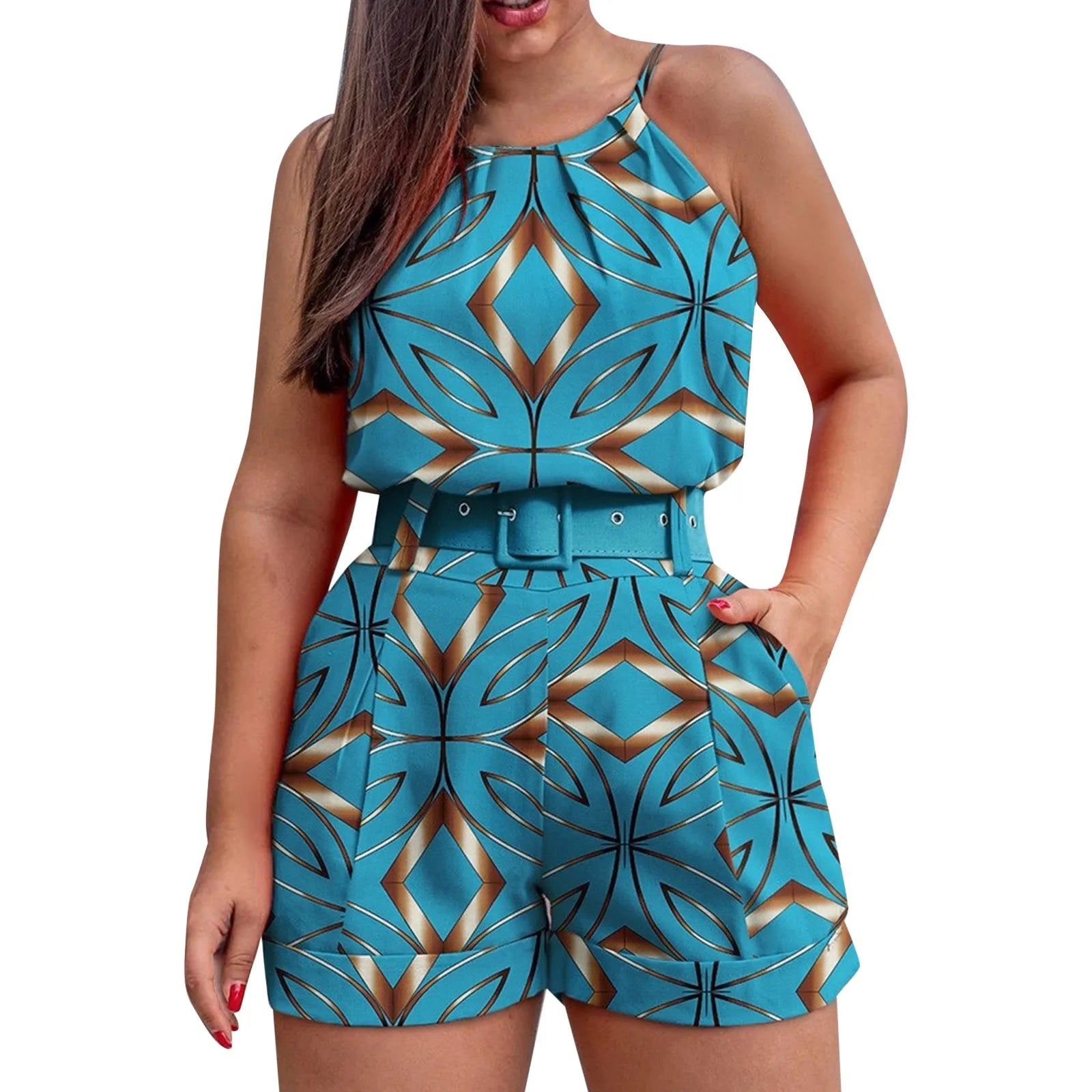 Fashion Printed Women 2-Piece Set With Belt Daily Sleeveless Top & Shorts Set Casual Summer High Waist Two Piece Outfits-Dollar Bargains Online Shopping Australia