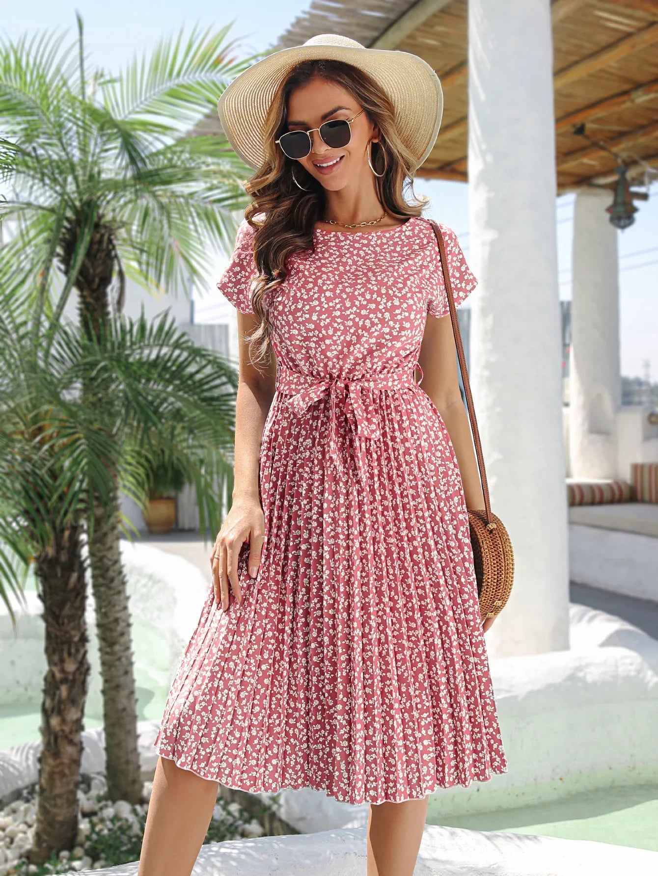 Fashion Floral Pleated A Line Long Dress Women Spring Summer Short Sleeve High Waist Chic Dress-Dollar Bargains Online Shopping Australia