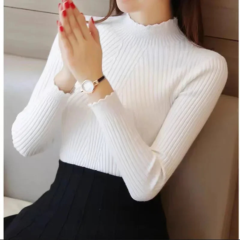 Women Mock Neck Ruffles Sweater Long Sleeve Knitted Pullovers Sweater-Dollar Bargains Online Shopping Australia