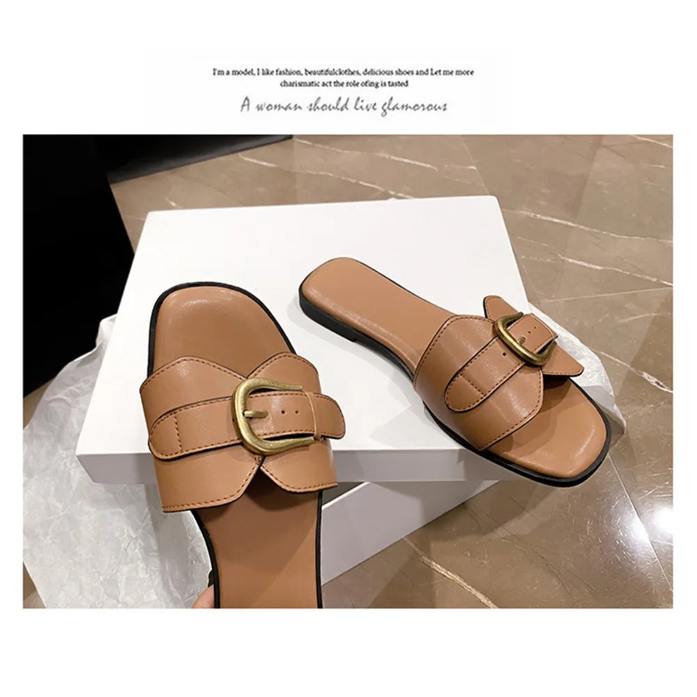 Summer Women Slippers Leather Square Toe Women Flats Flip Flops Designer Ladies Slides Sandals Women Shoes Luxury Sandals-Dollar Bargains Online Shopping Australia