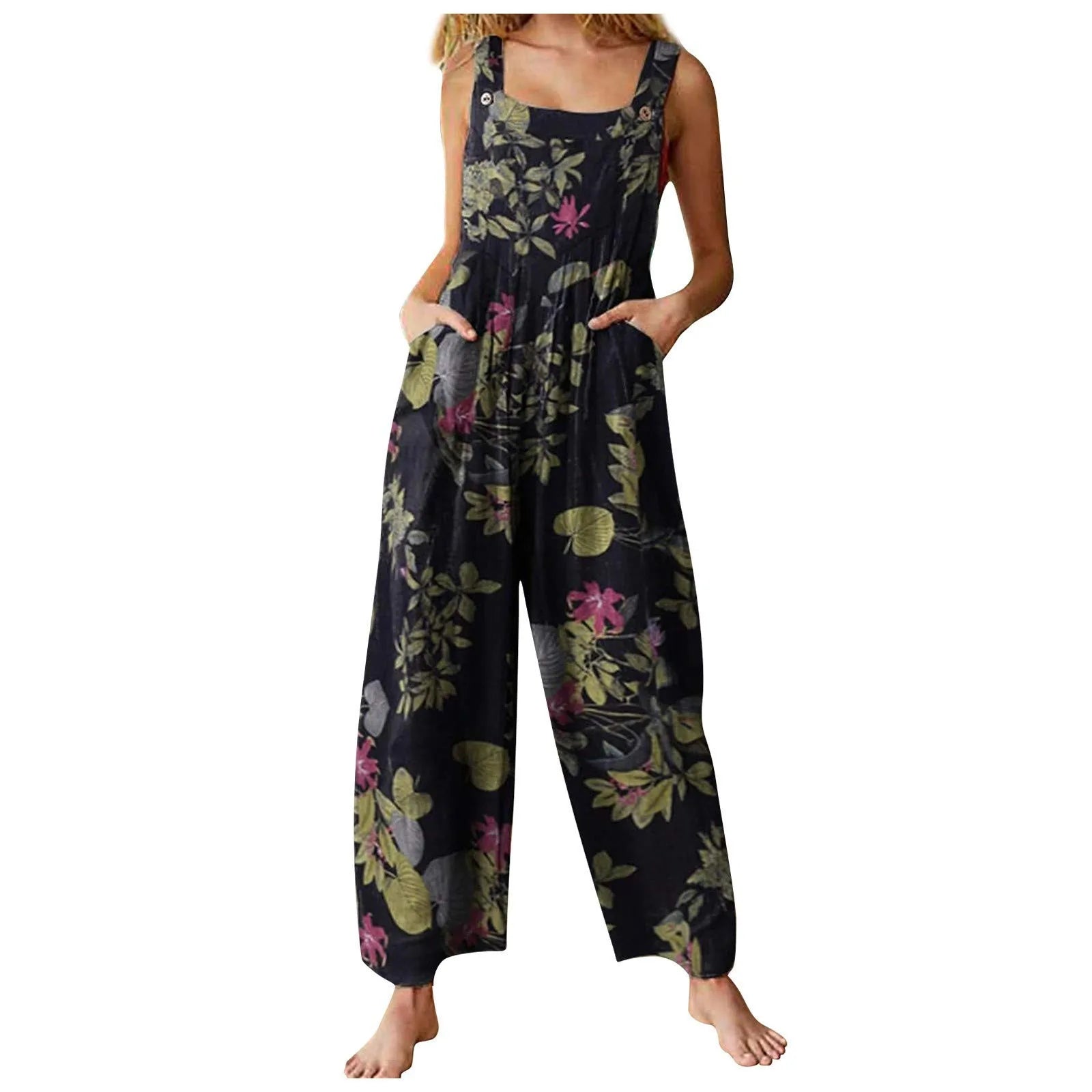 Ethnic Style Patchwork Floral Printed Retro Jumpsuit With Button And Pocket Fashion Colorful Adjustable Strap Pants-Dollar Bargains Online Shopping Australia