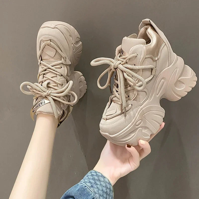 Women Walking Sneakers Autumn Lace-up High Platform Chunky Shoes Breathable Leather Shoes 10CM Winter Wedge Heels Casual Shoes-Dollar Bargains Online Shopping Australia