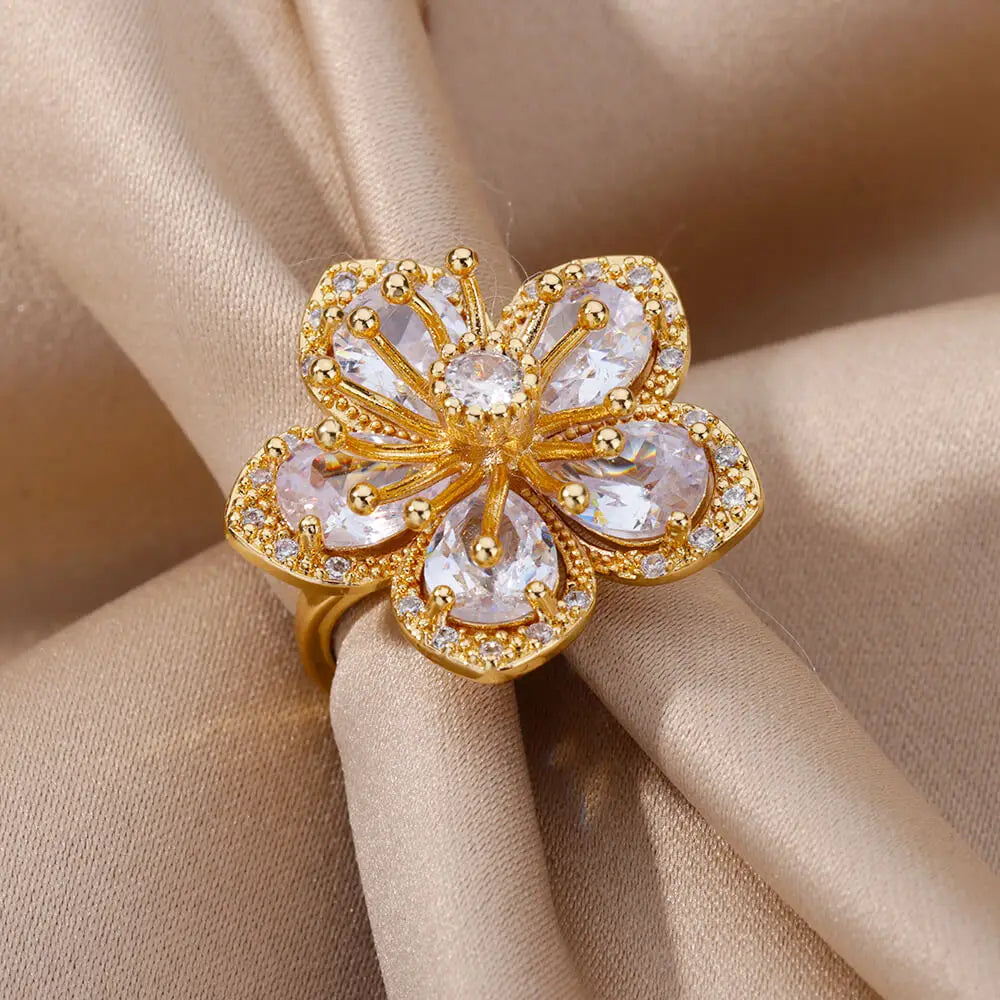 Pink Zircon Flower Rings for Women Gold Color Stainless Steel Ring Elegant Luxury Aesthetic Jewelry-Dollar Bargains Online Shopping Australia