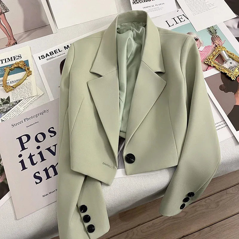 Cropped Blazers Women Autumn New Simple Single-Button Suit Jacket All-Match Long Sleeve Office Lady Outwear-Dollar Bargains Online Shopping Australia