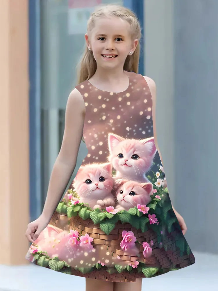 Summer Dress Girls Kids Clothes Casual Sleeveless O-neck Cat 3D Print Children Princess Dress-Dollar Bargains Online Shopping Australia