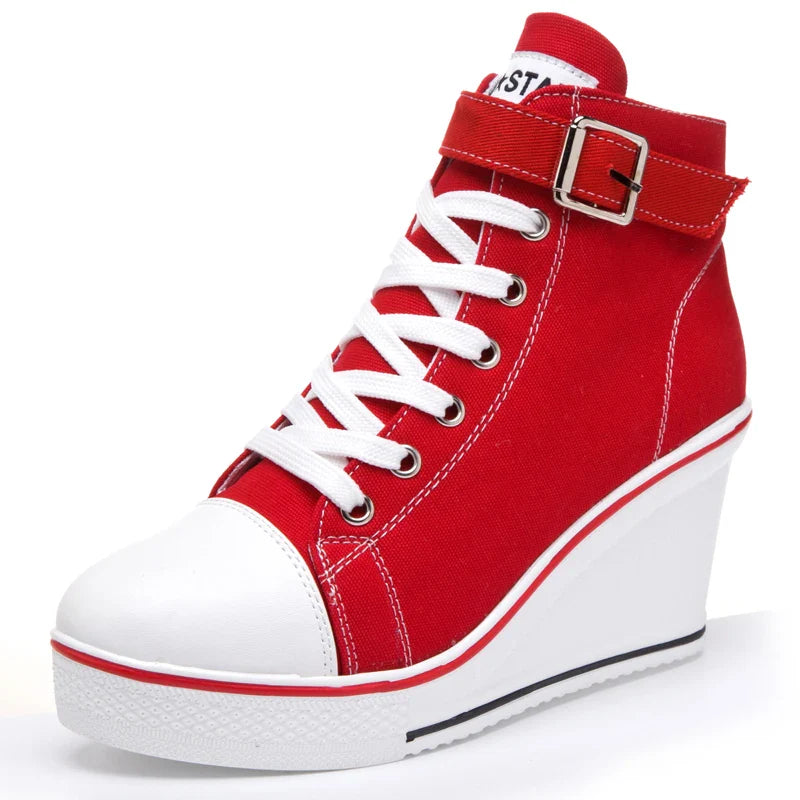 High Top Canvas Women Wedge Shoes Women's Denim Ankle Lace Up Ladies Ankle Canvas Shoes Woman 8cm Heels Sneakers-Dollar Bargains Online Shopping Australia