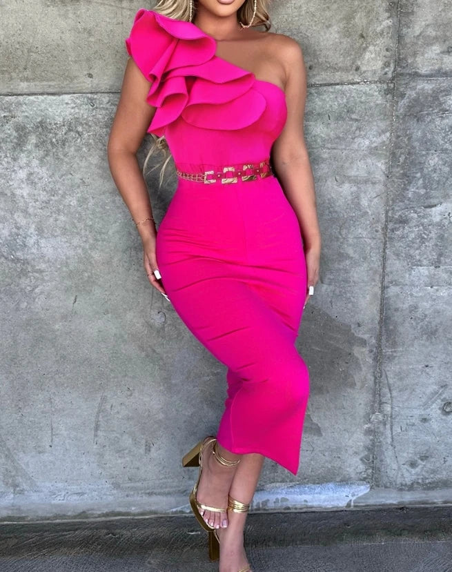 Female Elegant One Shoulder Ruffles Buckled Bodycon Dress Temperament Commuting Women's Rose Pink Fashion Skinny Party Dresses-Dollar Bargains Online Shopping Australia