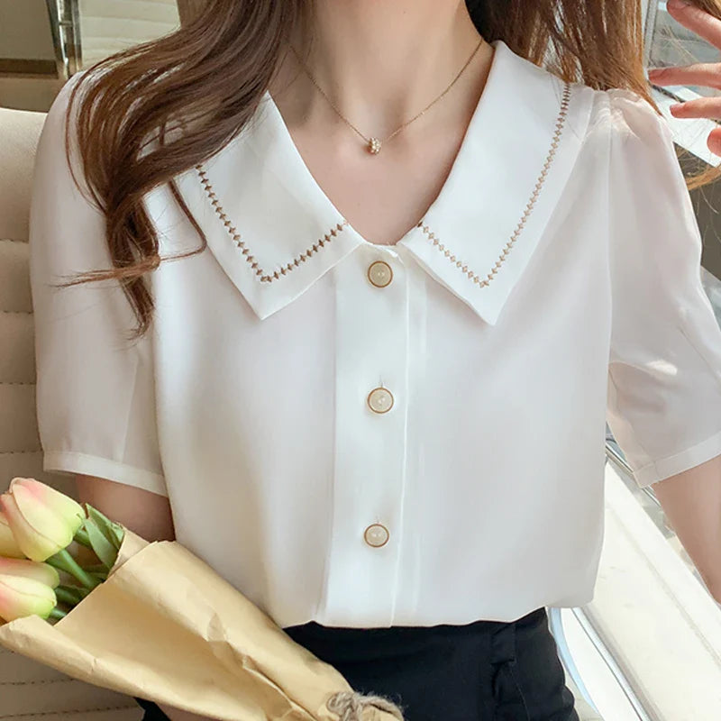 Blouses Tops Women Turn Down Collar Blouse Women White Blouse Short Sleeve Chiffon Blouse-Dollar Bargains Online Shopping Australia