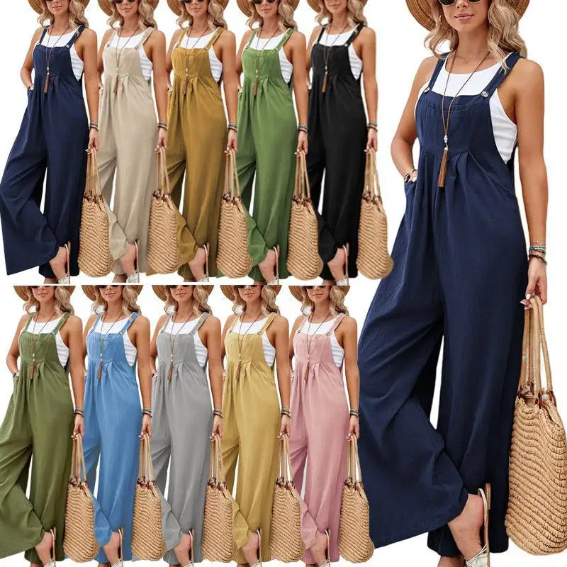 Retro Casual Cotton Suspender Long Pant Pockets Button Wide Leg Strap Jumpsuit Loose Rompers Overalls-Dollar Bargains Online Shopping Australia