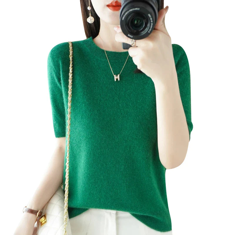 Short-sleeved Knitwear Women O-neck T-shirt Wool Cotton Blend Pullover Vest Sprig Summer Bottoming Tops Sweater Solid Soft-Dollar Bargains Online Shopping Australia