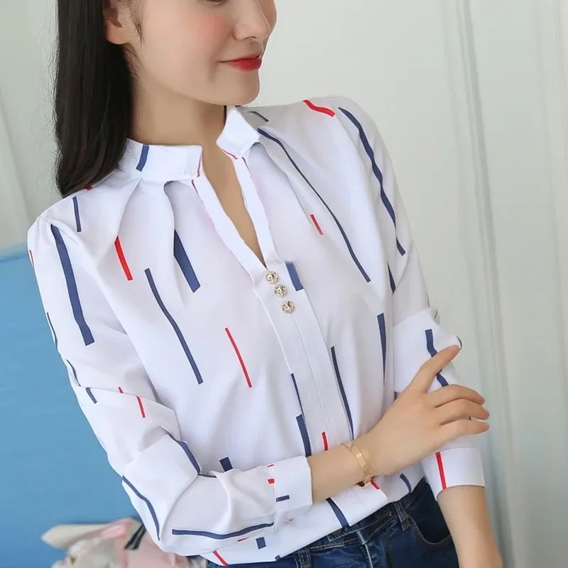 Women White Tops Women's Blouses Fashion Stripe Print Casual Long Sleeve Office Lady Work Shirts Female Slim-Dollar Bargains Online Shopping Australia