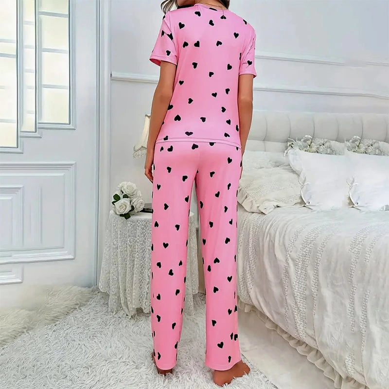 Women's Sleepwear Love Printed Short Sleeved T-shirt and Trousers Pajamas Set Casual Homewear Soft Comfortable Pyjamas Femme Pjs