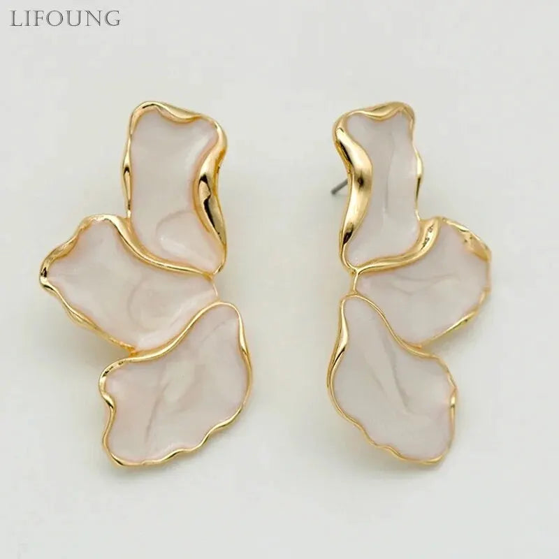 Metal Flower Cream Epoxy Earring Stud Women Fashion Gold Color Plating Irregular Post Earrings Heavy Design Statement Earrings-Dollar Bargains Online Shopping Australia