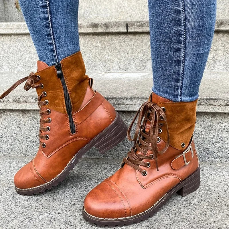 Retro Ankle Boots Women's New Solid Color Lace-up Casual Women's Shoes Women's Heels Round Toe Boots