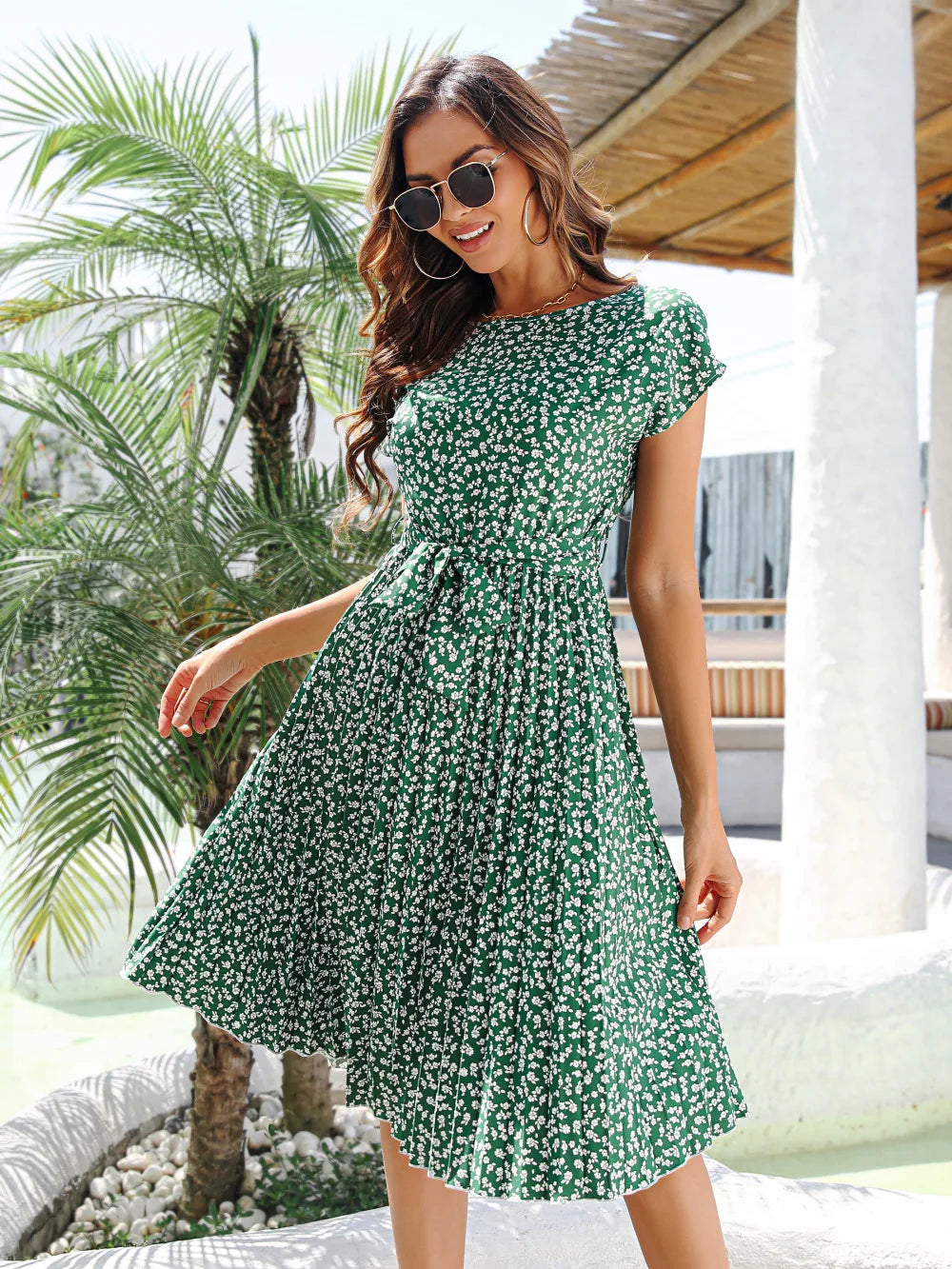 Fashion Floral Pleated A Line Long Dress Women Spring Summer Short Sleeve High Waist Chic Dress-Dollar Bargains Online Shopping Australia