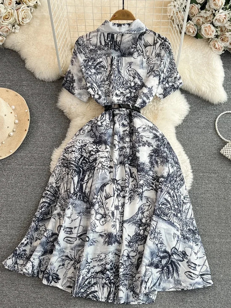 Summer Retro Shirt Dress Women Short Sleeved Lapel Single Breasted A-line Print Long Dresses Ladies Elegant Party Long Robe-Dollar Bargains Online Shopping Australia