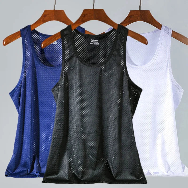 Mens Mesh Vest Ice Silk Quick-drying Bodybuilding Tank tops Fitness Muscle Sleeveless Narrow Vest Fitness Casual Sport Tops