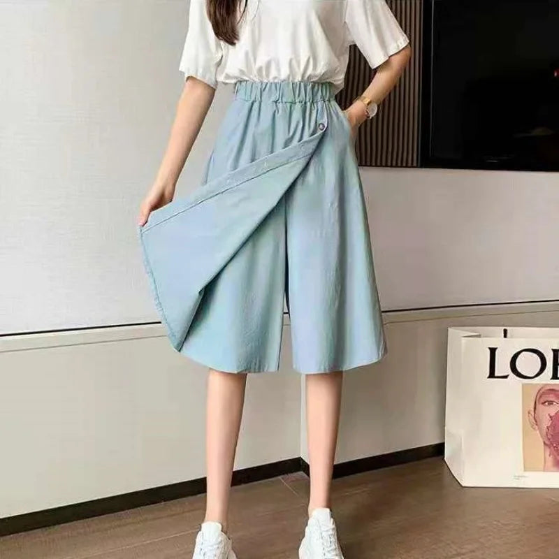 Women High Waist Irregular Knee Length Skirt Pants Office Lady's All-Match Loose Oversize Button Pockets Wide Leg Pants Elegant-Dollar Bargains Online Shopping Australia