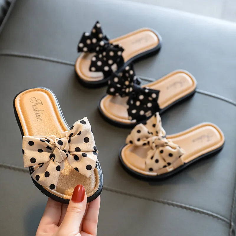 Bow Flats Open Toe Slide Sandals Non-slip Flip Flops Children Home Slippers Kids Girls Summer Cute Beach Slippers Shoe