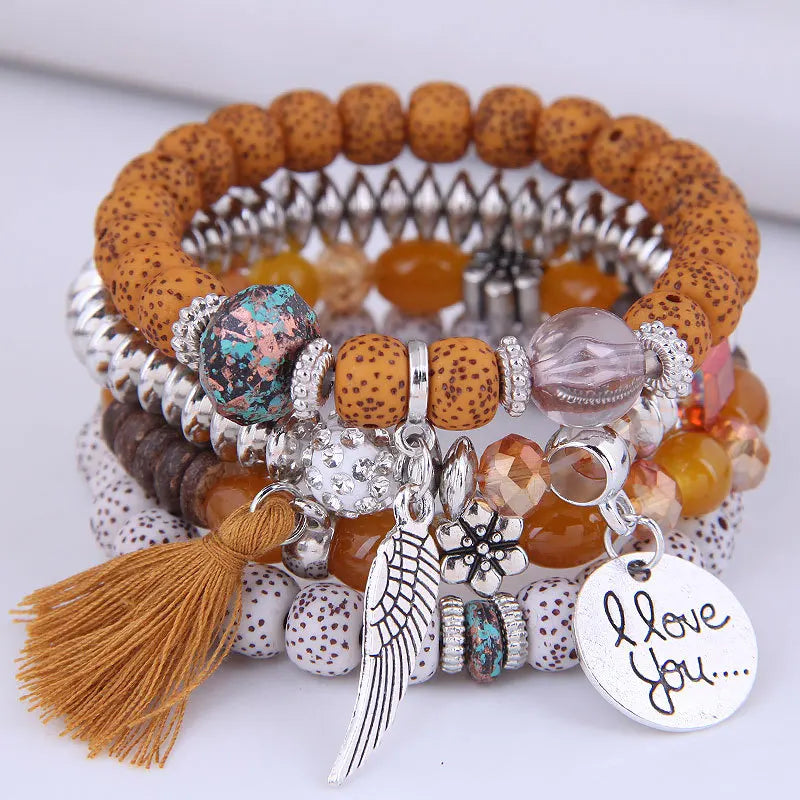 Bohemian Multicolor Pink Crystal Beads Bracelets Women Girls Elastic Tassel Wing Letters Rope Bracelet-Dollar Bargains Online Shopping Australia