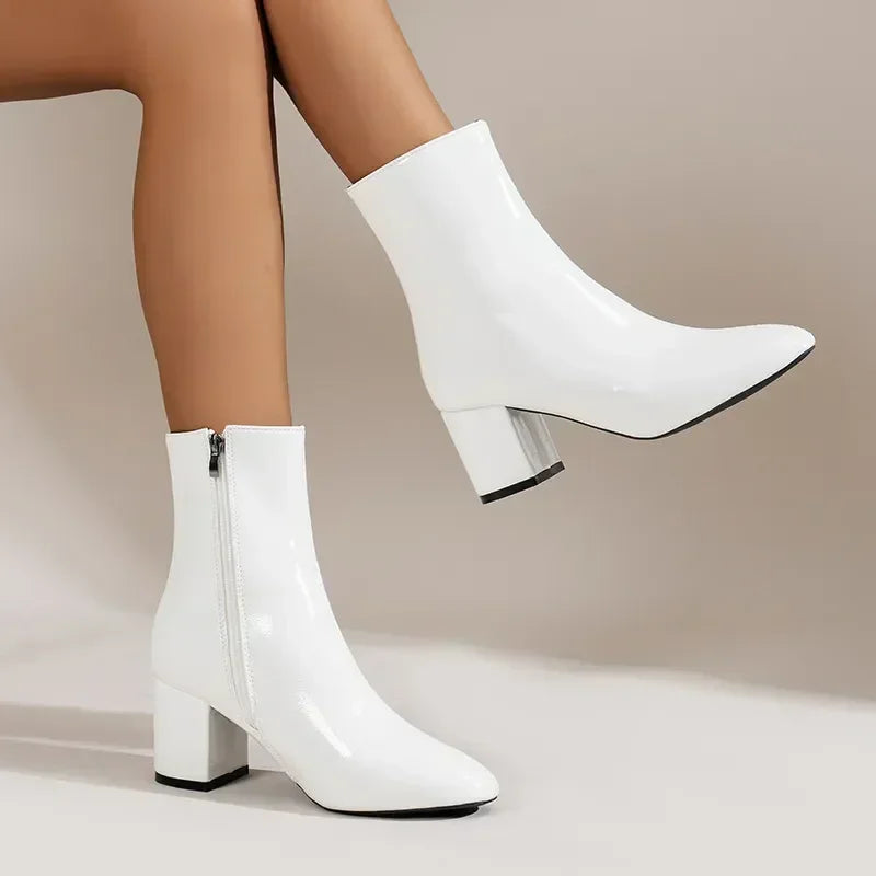 White Ankle Boots for Women Side Zipper Stretch Middle Heel Large Size Short Boot Fashion Pointed Shoes-Dollar Bargains Online Shopping Australia