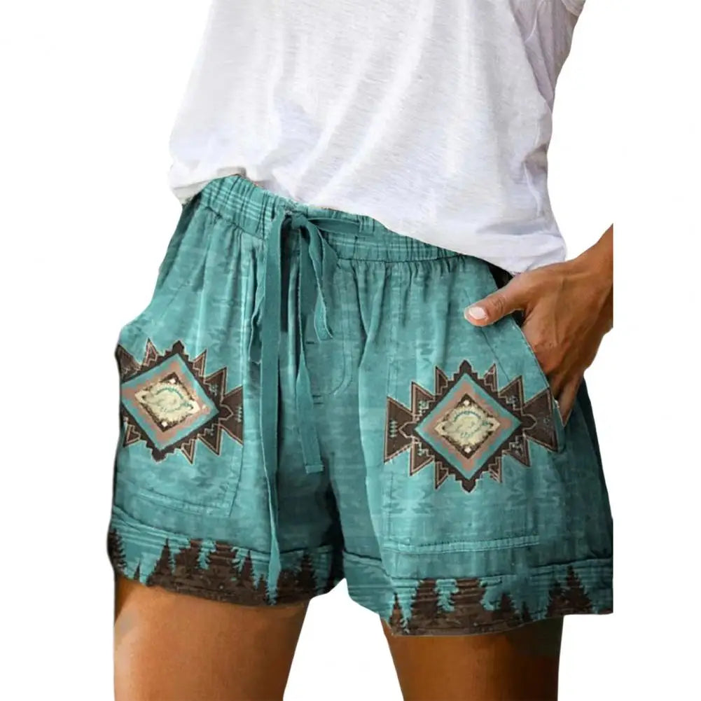 Beach Shorts Summer High Waist Elastic Waistband Short Pants Pockets Women Shorts Retro Print Drawstring Loose Shorts Streetwear-Dollar Bargains Online Shopping Australia