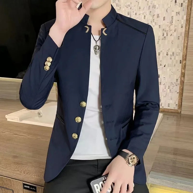 Men's Stand Collar Casual Suit Jackets Solid Color Stitching Three Button Mens Blazer Coats