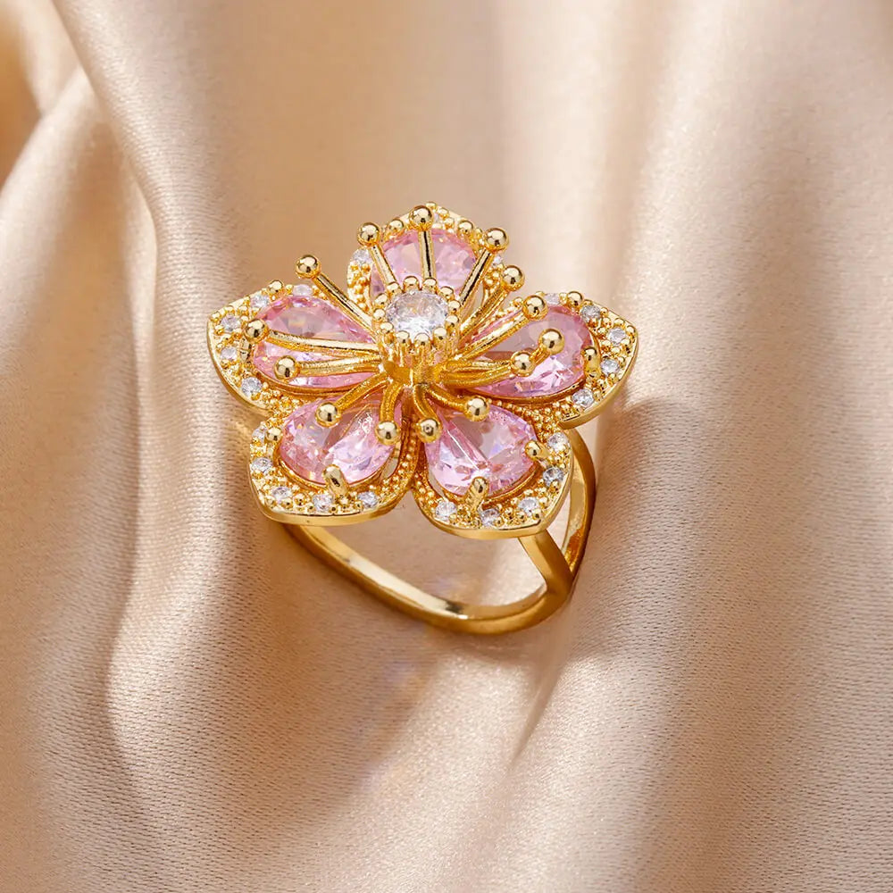 Pink Zircon Flower Rings for Women Gold Color Stainless Steel Ring Elegant Luxury Aesthetic Jewelry-Dollar Bargains Online Shopping Australia