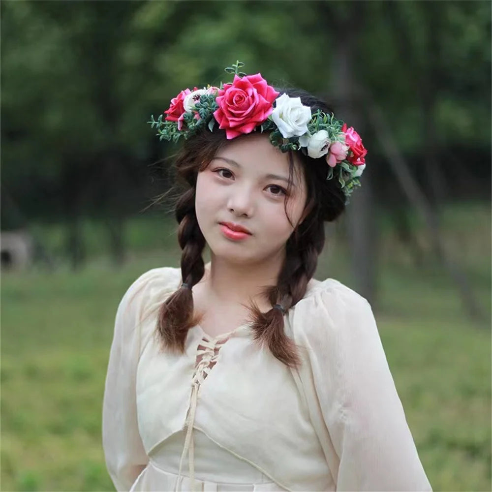 Artificial Flower Wreath Bride Women Bohemia Beach Flower Crown Hair Band Wedding Floral Headband Garland Girl Hair Accessorie