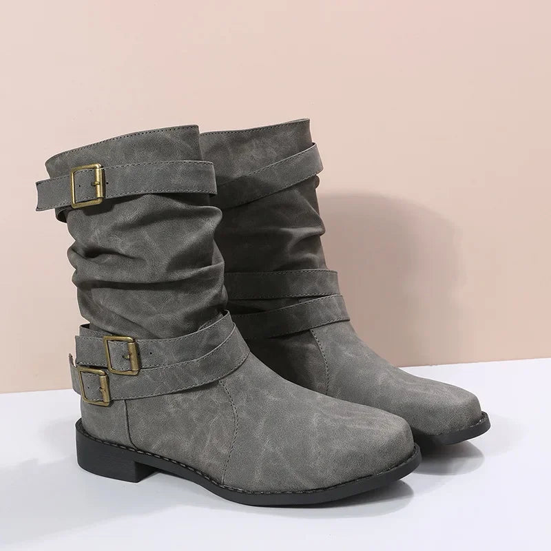 Women Boots European and American Fashion Buckle Pleated Short Boots Autumn and Winter New Flat Boots Women Shoes-Dollar Bargains Online Shopping Australia