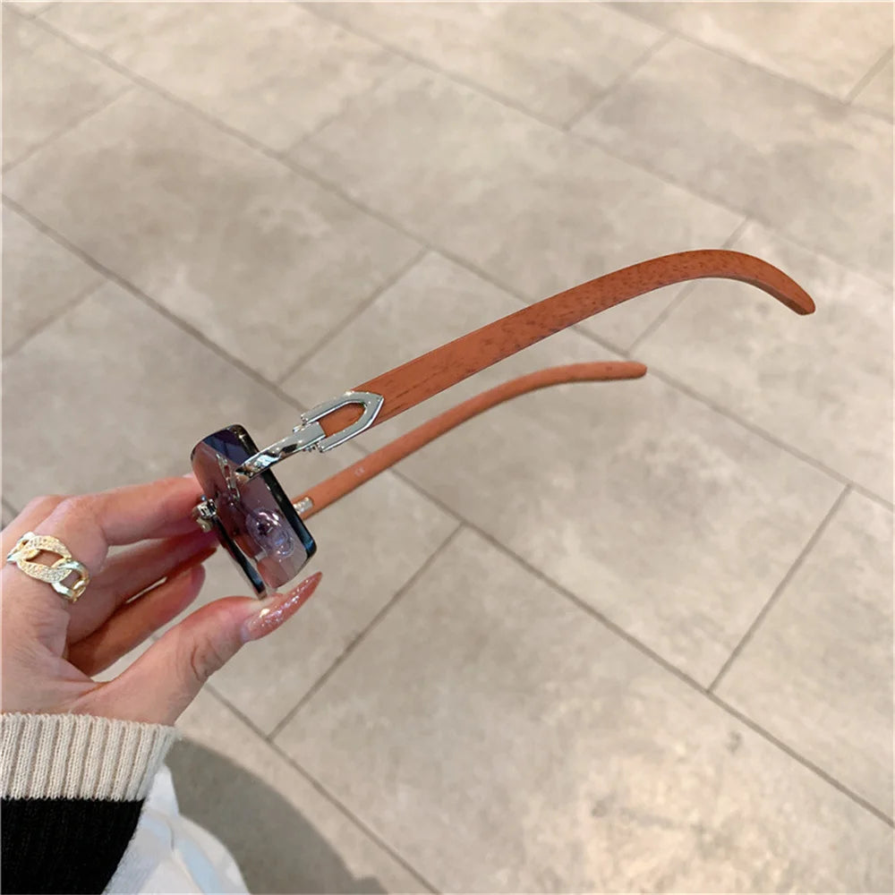 Rectangle Rimless Sunglasses Wooden Frame Eyewear Luxury Brand Design Women Men Small Square Sun Glasses for Male Traveling